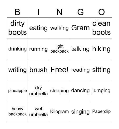 Going Hiking Bingo Card