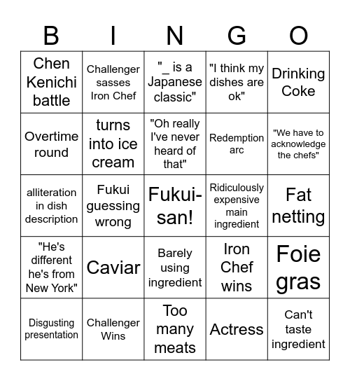 Iron Chef Bingo Card