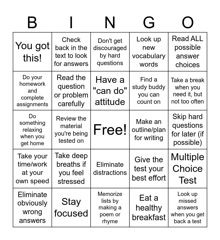 Test Taking Strategies Bingo Card
