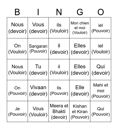 Vouloir/Pouvoir/Devoir Bingo Card