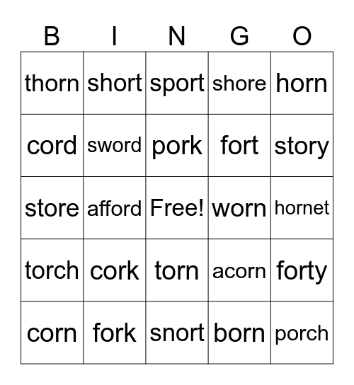 "or" words Bingo Card