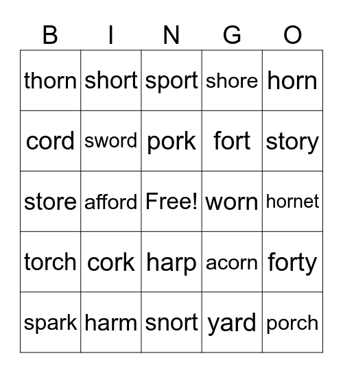 "or" words Bingo Card