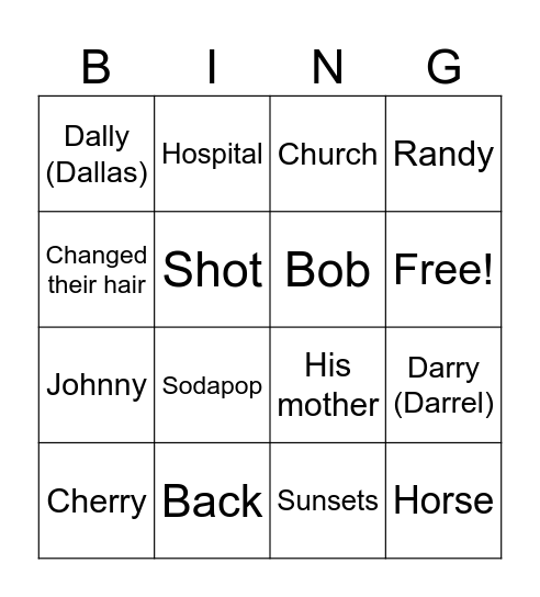 Outsiders Characters Bingo Card