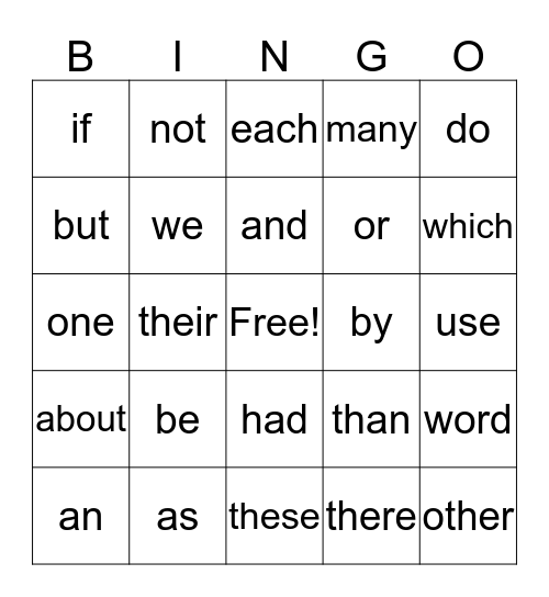 Sight Word Bingo Card
