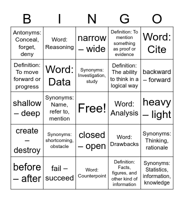 Vocabulary Bingo Card