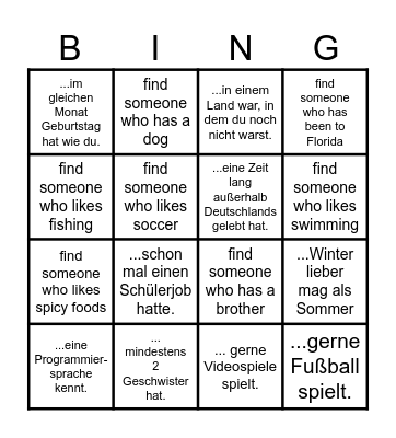 Finde jemanden, der/die ... Bingo Card