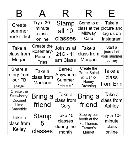 Barre3 Anywhere Summer Challenge Bingo Card