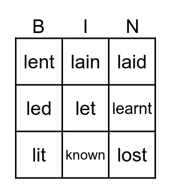 Irregular verbs Bingo Card