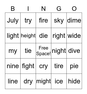 The Long "I" Bingo Card