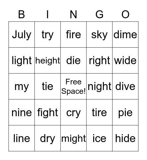 The Long "I" Bingo Card