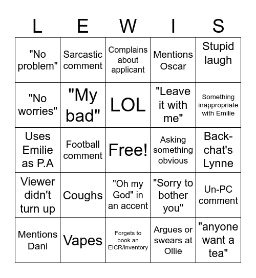 Lewis Bingo Card