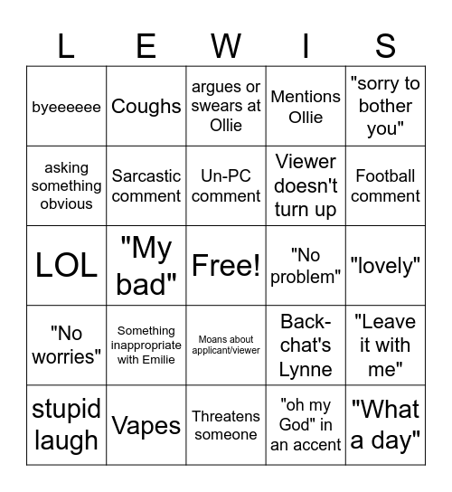 Lewis Bingo Card