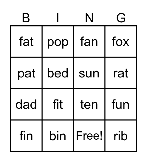 CVC WORDS Bingo Card