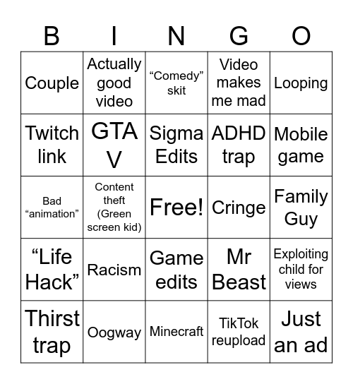 YouTube Shorts Bingo Card