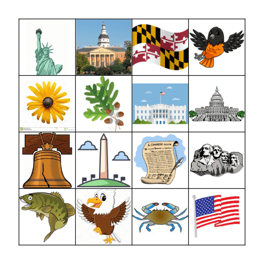 USA and Maryland Symbols Bingo Card