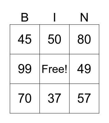 NUMEROS DEL 30 AL 100 Bingo Card
