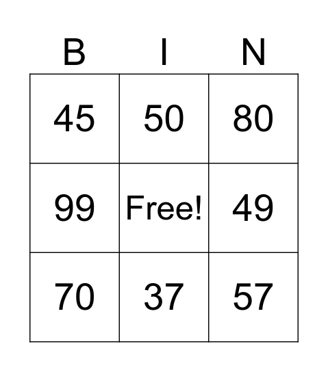 NUMEROS DEL 30 AL 100 Bingo Card