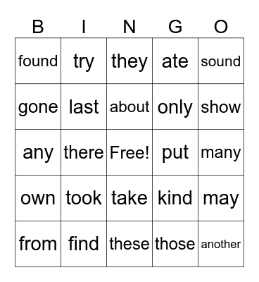 sight words Bingo Card