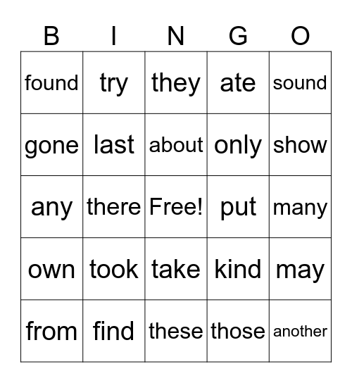 sight words Bingo Card