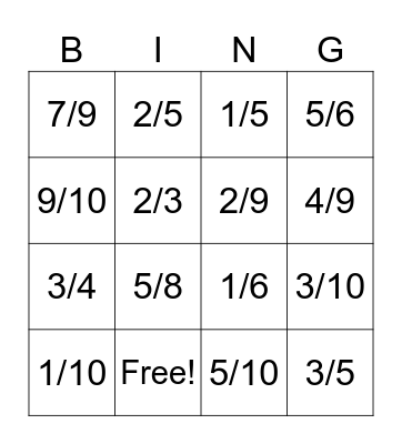 Fraction Bingo Card