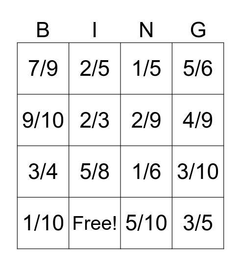 Fraction Bingo Card