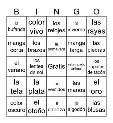 La Ropa Bingo Card