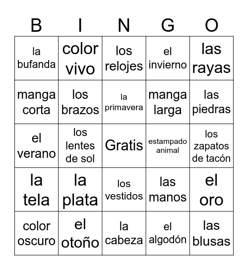 La Ropa Bingo Card