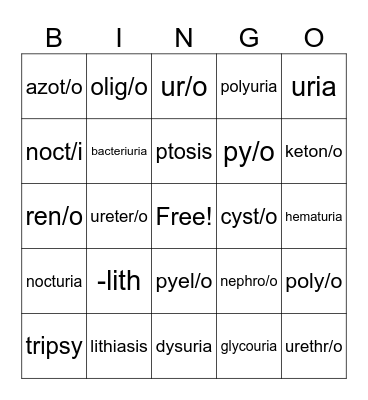 Urinary System Bingo Card