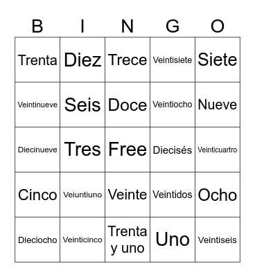 Numeros 1-31 Bingo Card