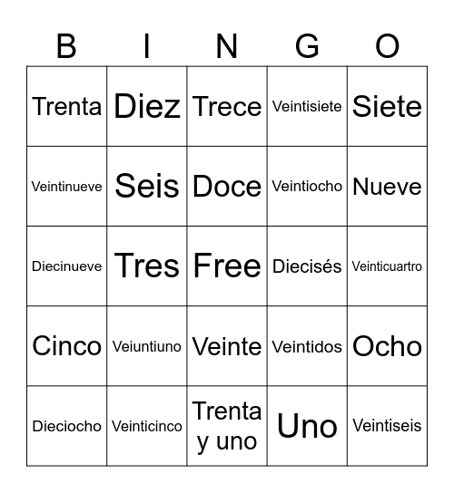 Numeros 1-31 Bingo Card