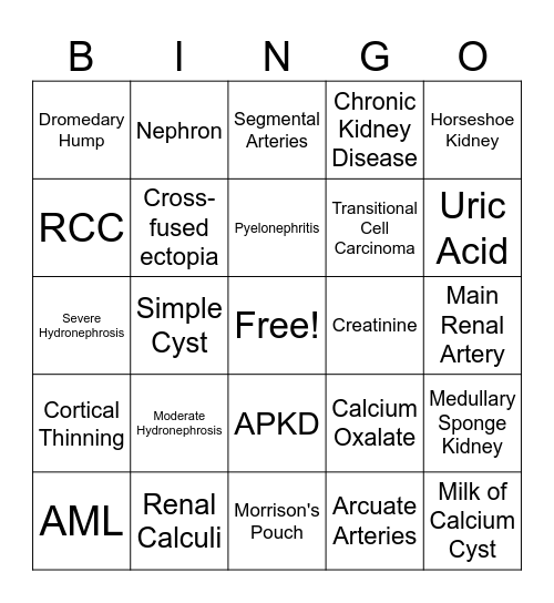 Ultrasound Bingo - Renal Bingo Card