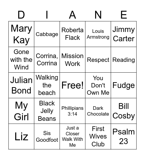 Diane's Favorites Bingo Card