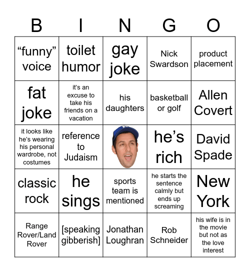 Adam Sandler Movie Bingo Card