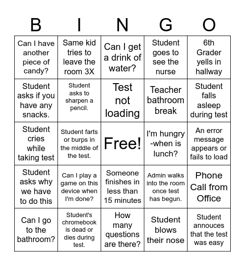 State Testing BINGO Card