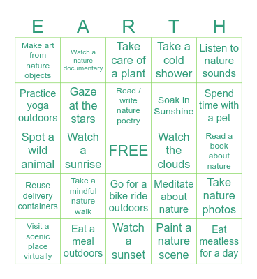 Virtual Earth Day Bingo Card