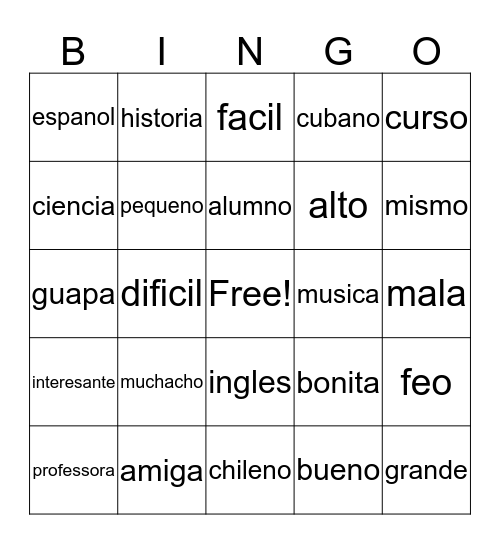 Vocabulario Bingo Card