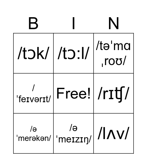 Phonetic Bingo Card