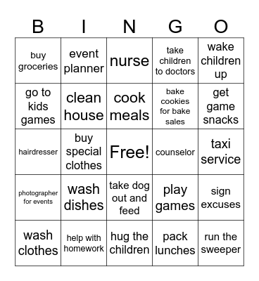 MOTHER'S DUTIES BINGO Card