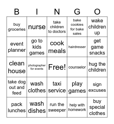 MOTHER'S DUTIES BINGO Card