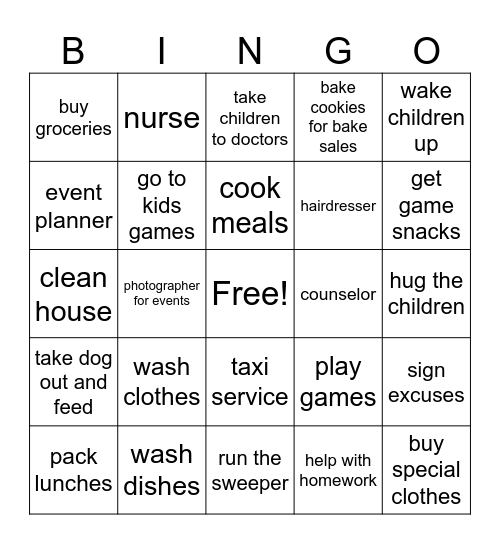 MOTHER'S DUTIES BINGO Card