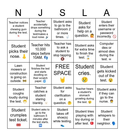 NJSLA Proctoring Bingo! Bingo Card