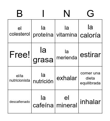La Nutrición Bingo Card