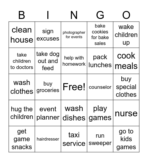 MOTHER'S DUTIES BINGO Card