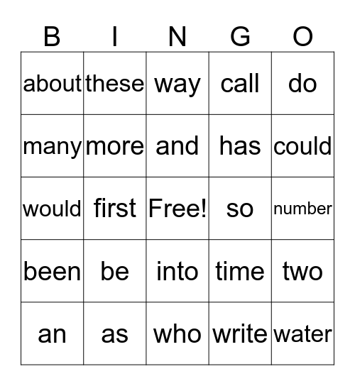 Sight Word Bingo Card