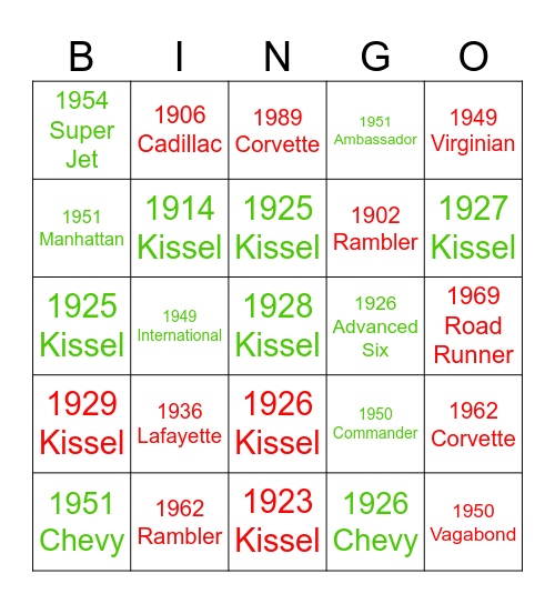 Automotive Bingo Card