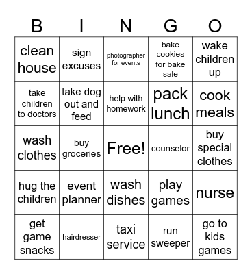 MOTHER'S DUTIES BINGO Card
