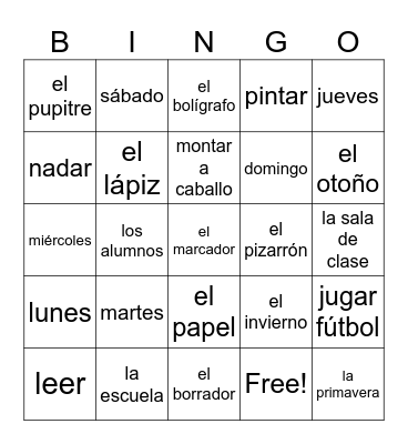 school, activities, days, seasons Bingo Card