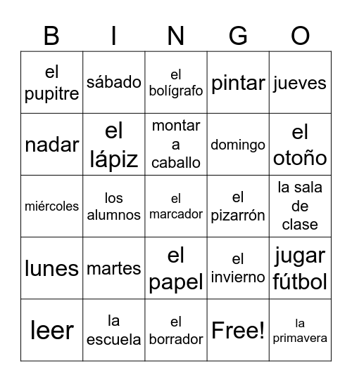 school, activities, days, seasons Bingo Card