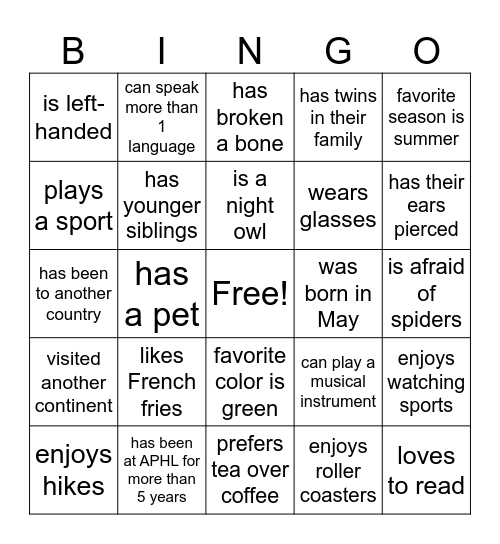 Get To Know You Bingo! Bingo Card