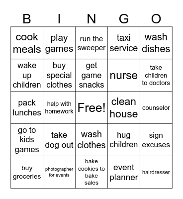 MOTHER'S DUTIES BINGO Card